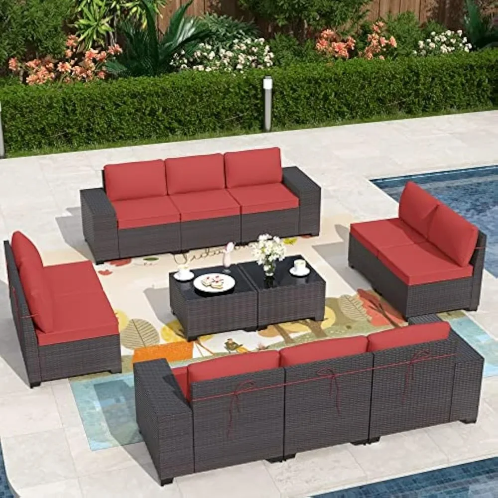 

12 Pieces Outdoor Patio Furniture Set Brown PE Rattan Patio Conversation Set w/10 Rose Red Seat Cushions and 2 Coffee Tables