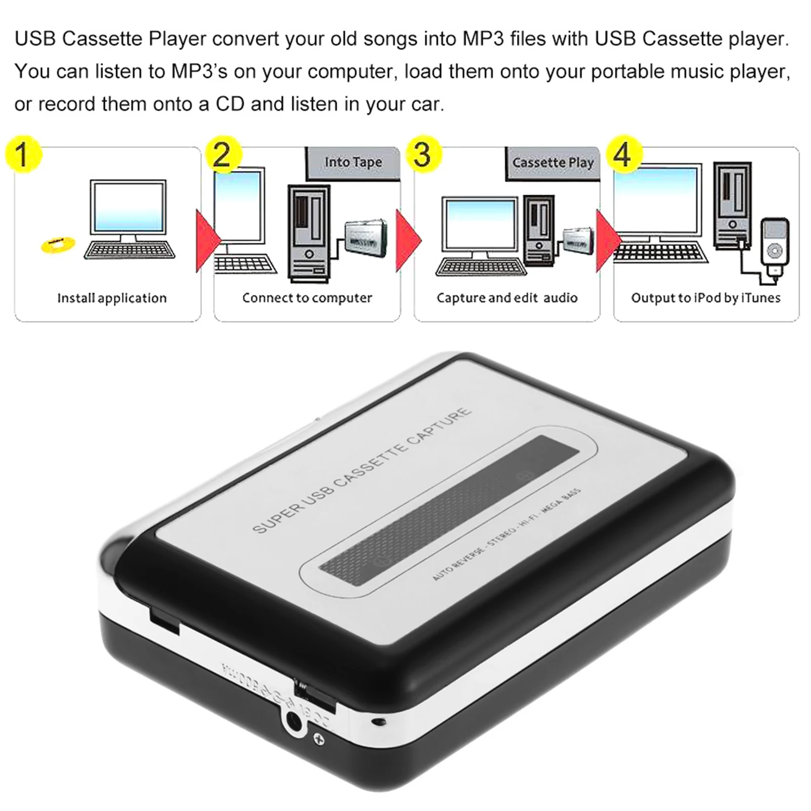 Convertidor de Tape-to-MP3 de casete USB, calidad de sonido HiFi, Mega Bass, reproductor de música con auriculares