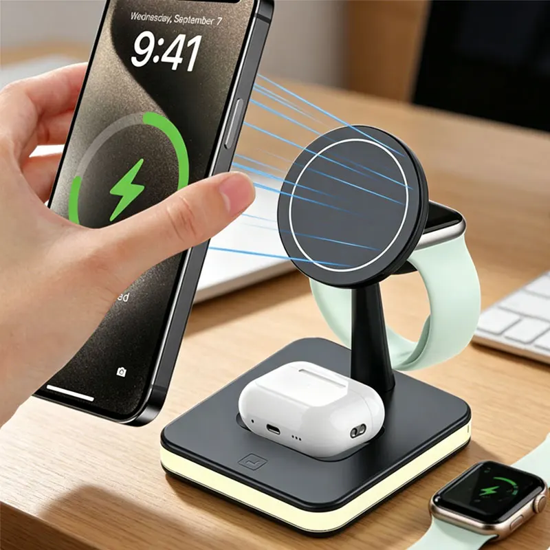 3 IN 1 Magnetic Wireless Charger Stand With LED Light For Magsafe iPhone 17~12 Pro Max Apple Watch 9-2 Airpods Pro Fast Charging