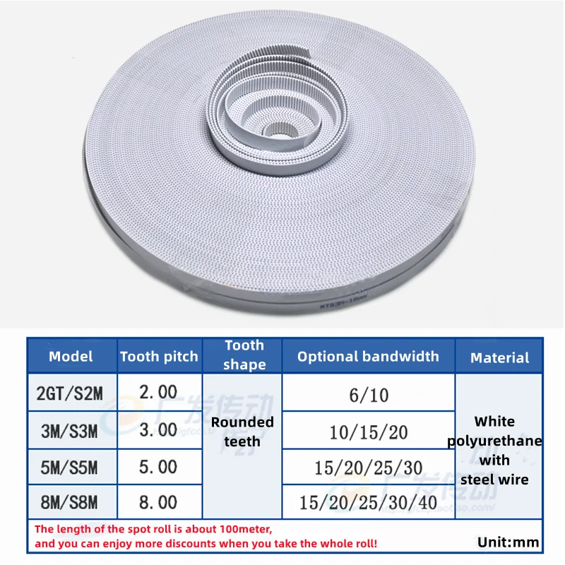 2GT/S2M/3M/S3M/5M/S5M/8M/S8M/L/H/XL/MXL/T5/T10 White Polyurethane Steel Wire Open Synchronous Belt PU Transmission Belts