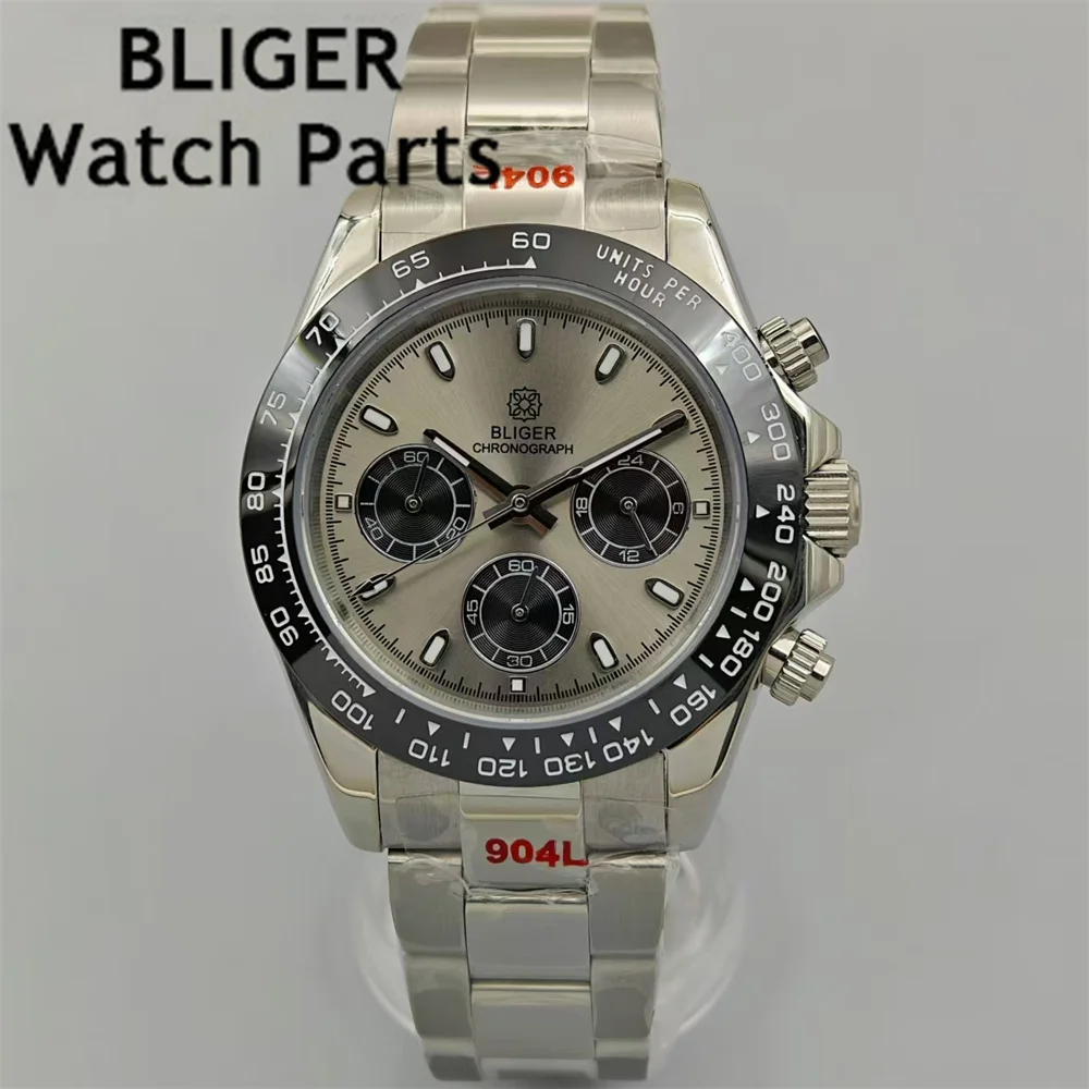 BLIGER 39mm Gray Dial Chronograph VK63 Quartz Men\'s Watch Fixed Ceramic Bezel Sapphire Glass Green Luminous Steel/Rubber Strap