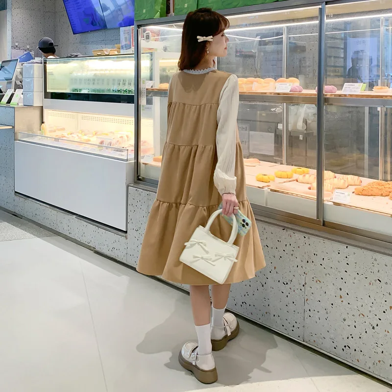 Abito da gravidanza in stile francese Abito longuette finto a due strati a maniche lunghe primaverile Elegante abito premaman femminile confortevole
