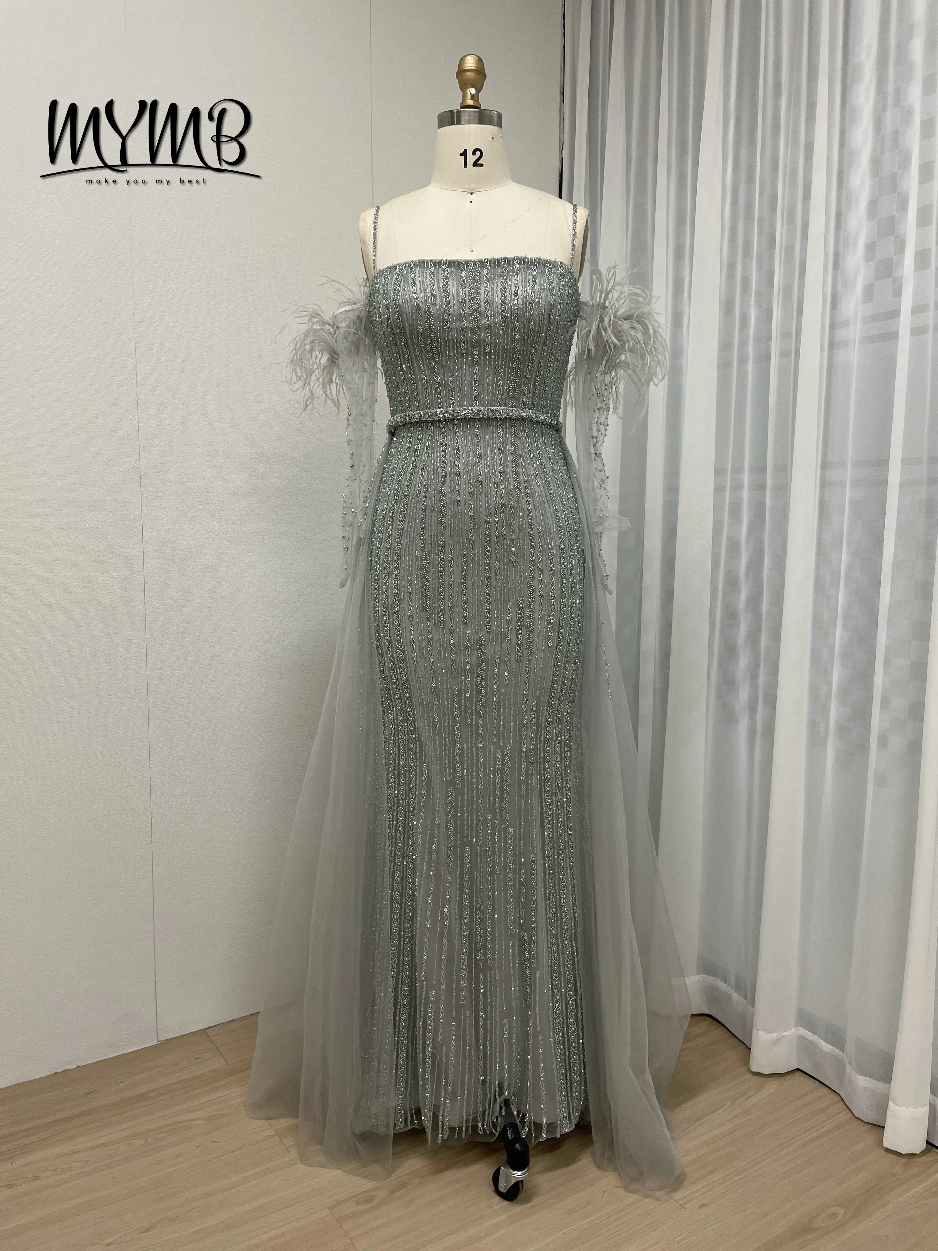 فستان سهرة فاخر أرجواني حورية البحر بدون أكتاف من MYMB مطرز بالريش مع قفازات لحفلات الزفاف للنساء الأنيقات MY30037