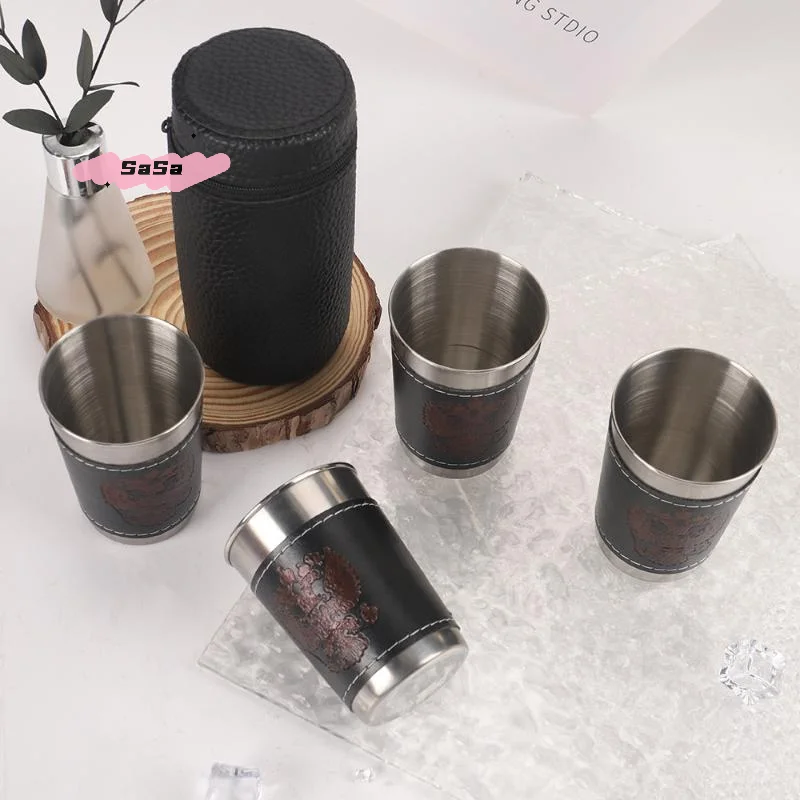 

4Pcs/Set Stainless Steel Travel Cups with PU Leather Portable Coffee Wine Beer Whisky Cups for Outdoor Camping Tableware