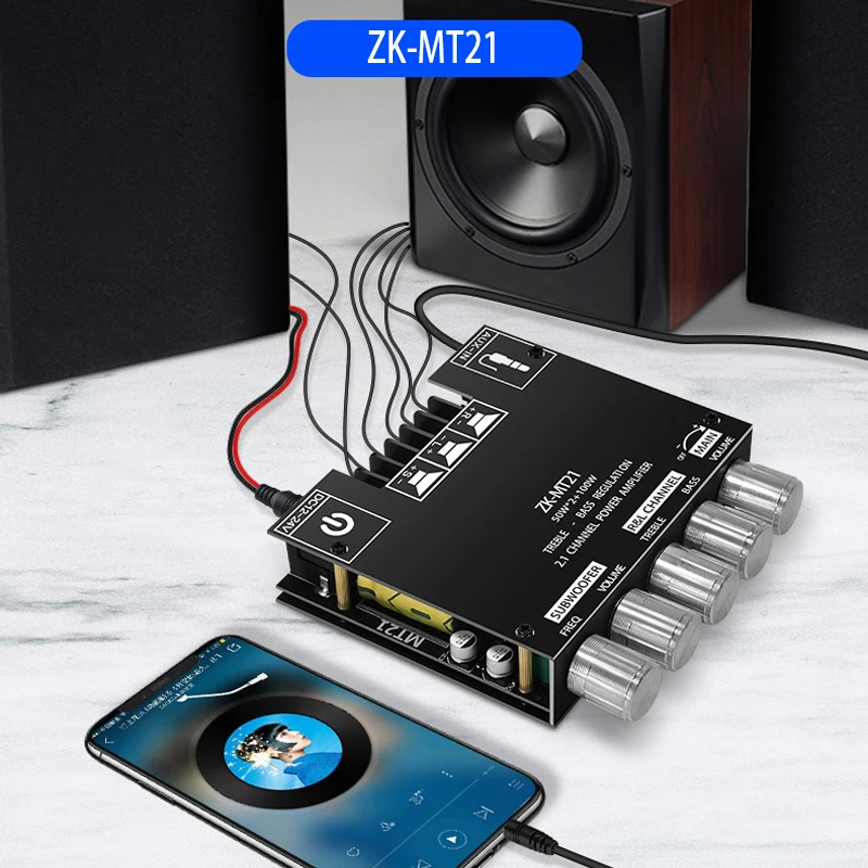 ZK-MT21 2.1 Kanaals Bluetooth Versterker Board 50Wx2 + 100W HiFi Subwoofer Stereo Versterker Board C15H/C50L/C100L AMP Board AUX inpu