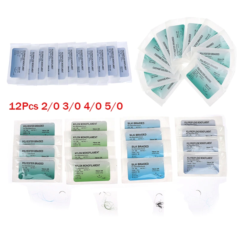 

12 шт. 2/0 3/0 4/0 5/0 медицинская игла для шова, нейлоновая полиэфирная нить, набор для практики швов, обучающие демонстрационные упражнения
