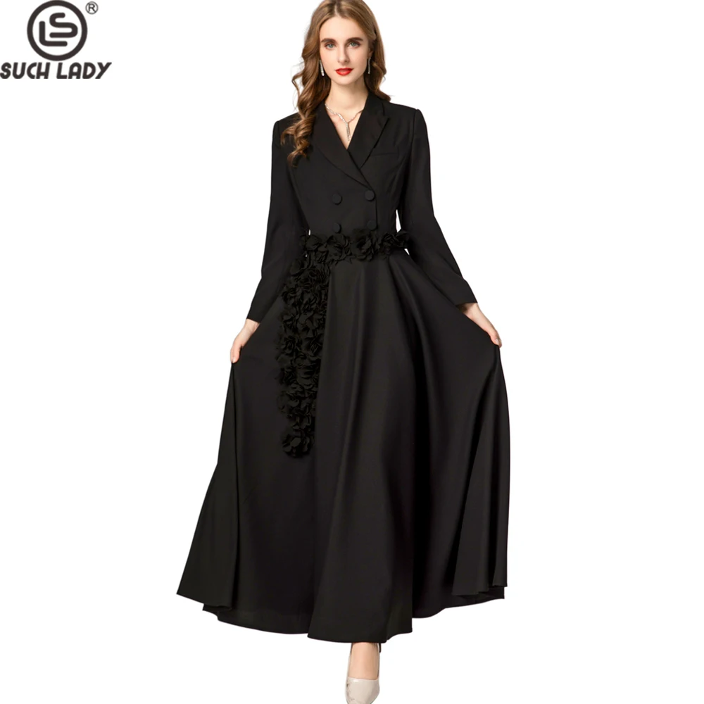 

Women's Maxi Dress Black Lapel Collar Double-Breasted Waist Floral Applique Long Sleeve Fashion Vestidos