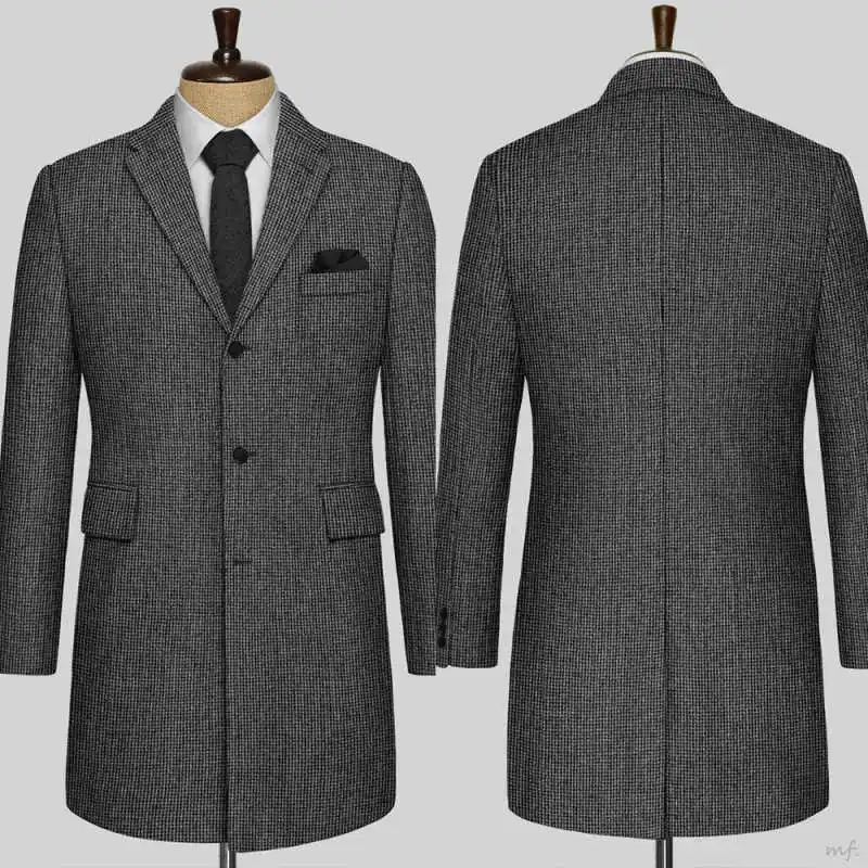 

Classic Men's Houndstooth Wool Blend Overcoat Single Breasted Notched Lapel Mid-Length Trench Coat Formal Business Customized