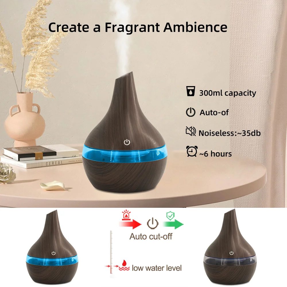 For Home Gift 300ml Essential Oil Diffuser Ultra Quiet USB Remote Control Humidifier - 7 Color LED Night Lights & Auto Shut-Off