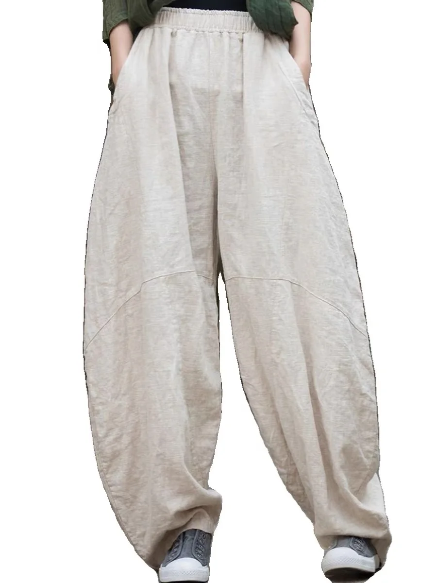 Pantalon lanterne drapé en coton et lin pour femmes, taille haute, Harlan, ample, Vintage, jambes larges, décontracté, printemps été