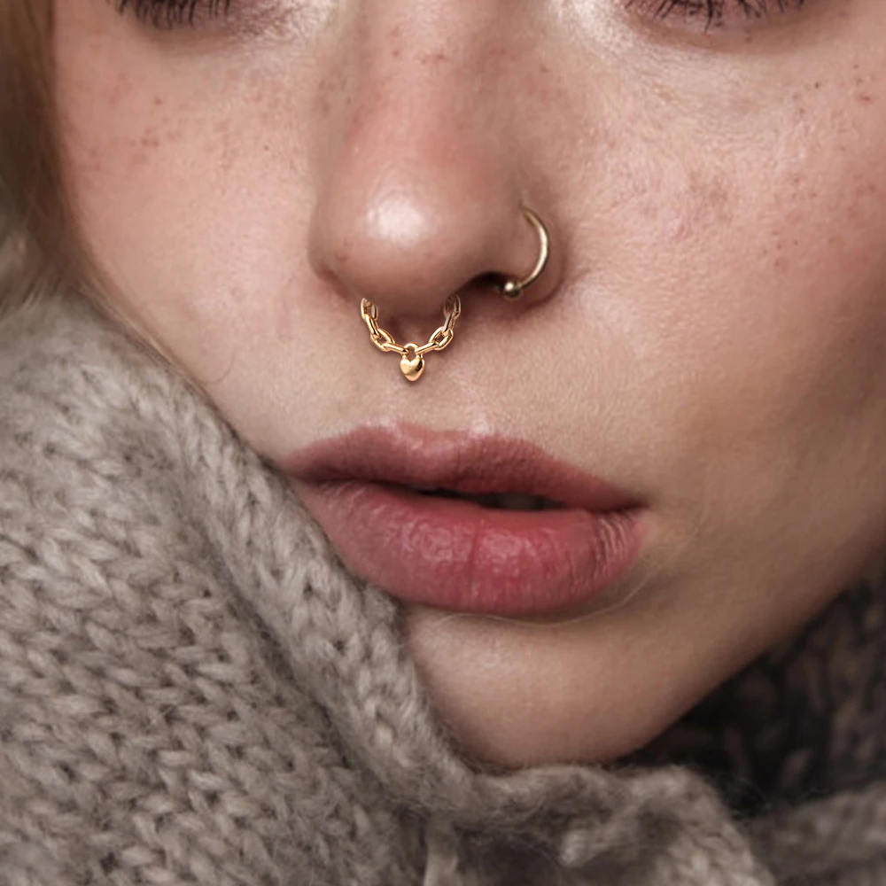 Vankula 316L Stainless Steel Heart Hinged Nose Clicker Chain Tragus 16G Hoop Rings Septum Body Piercing Women Jewelry