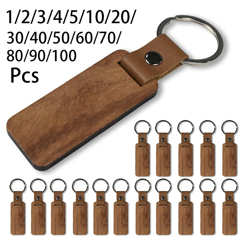 1-100Pcs Keychain Wooden Pendant PU Leather Key Chain Pendant