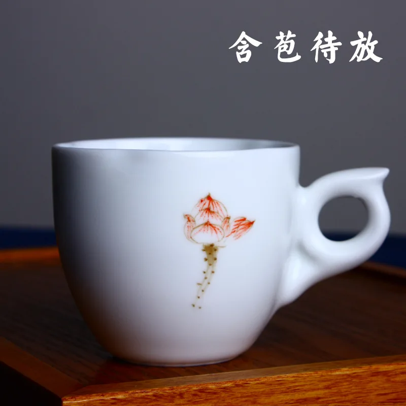 ★Jingdezhen High Temperature Matte White Glaze Ceramic Cup Hand Painted Lotus Sets of Coffee Cups Scented Tea Cup Creative Gifts