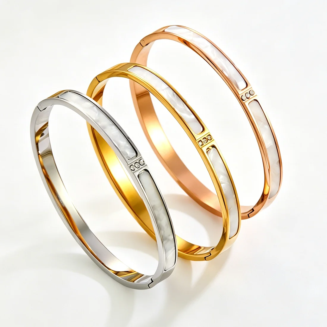 Minimalist Double Bar Mother of Pearl Inlay Bangle with Crystal Stainless Steel No Faded Gold/Rose Gold/Silver Cuff Bracelets