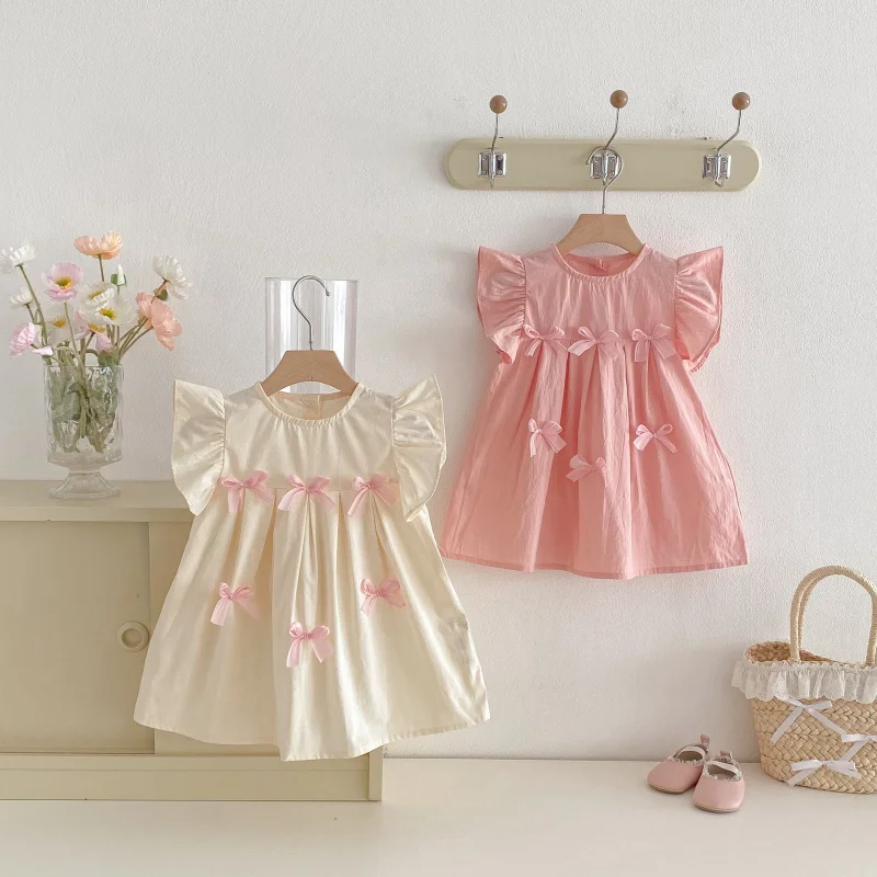 Summer new girls' dress with cute bow and flutter sleeves, sweet style princess dress for baby girls