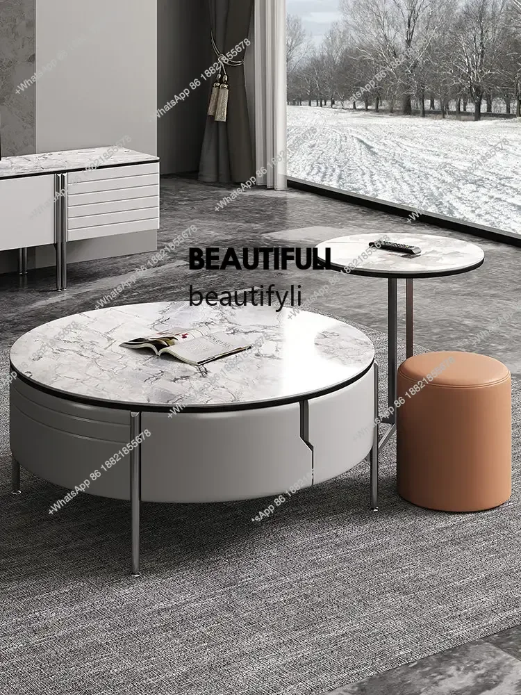 ss 8617  Stone Plate round Tea Table TV Cabinet Unit Italian Light Luxury Minimalist White Small Apartment Living Room Tea Table