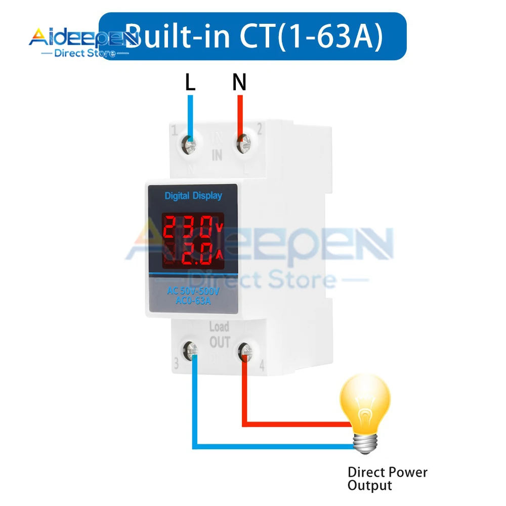 Din Rail Single Phase Ammeter Voltage Meter Measuring AC 50-500V 63A 100A Voltmeter Gauge Current Indicator Volt Amp Monitor