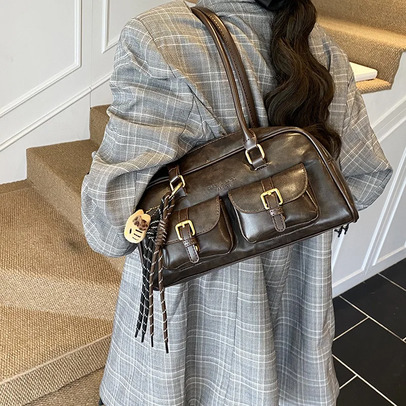 

2025 Vintage Leather Shoulder Bag - Soft Boston Bag with Chain Strap, Elegant Work Purse for Women, Office & Party