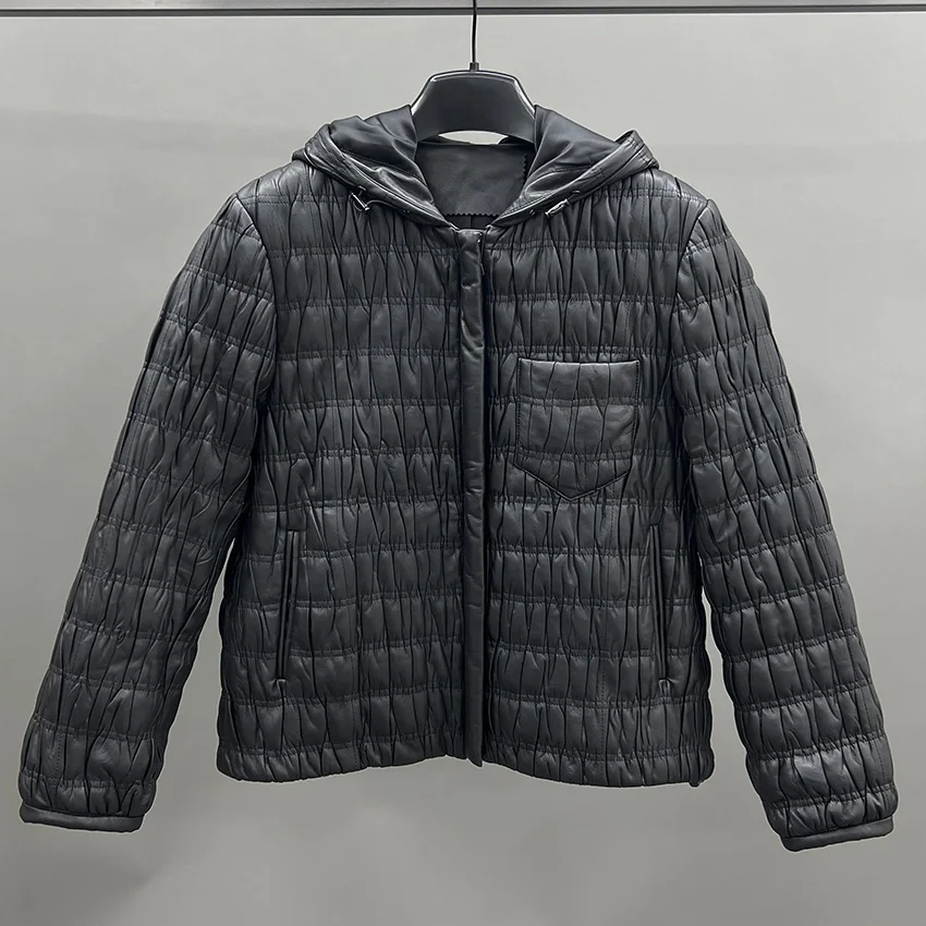 JANEFUR Giacca da donna con cappuccio in vera pelle trapuntata primavera autunno stile corto in pelle di pecora JFB6-25010