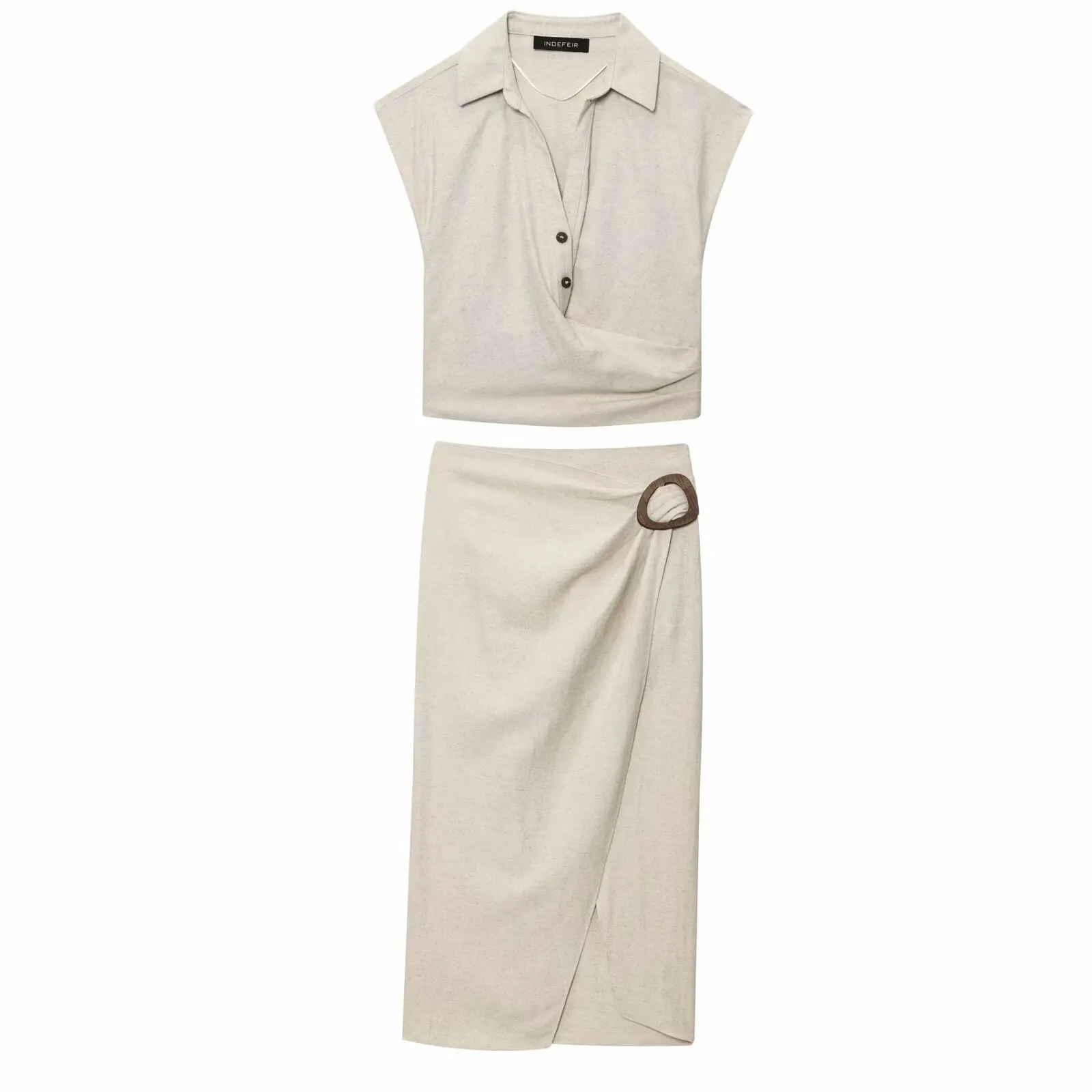 

Новинка 2025, женская летняя плиссированная футболка без рукавов с украшенными лацканами, топ и асимметричная юбка средней длины с пряжкой