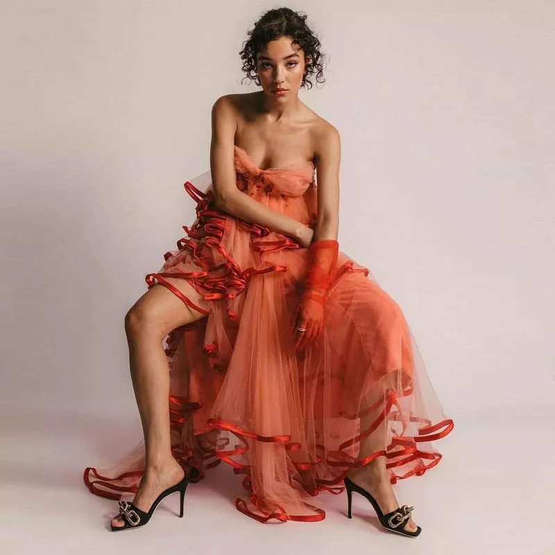 

Fashion Dusty Orange Strapless Draped Ruffles Tulle Dresses Hi Low Tiered Pleated Women Casual Dress Long Summer Party Dress