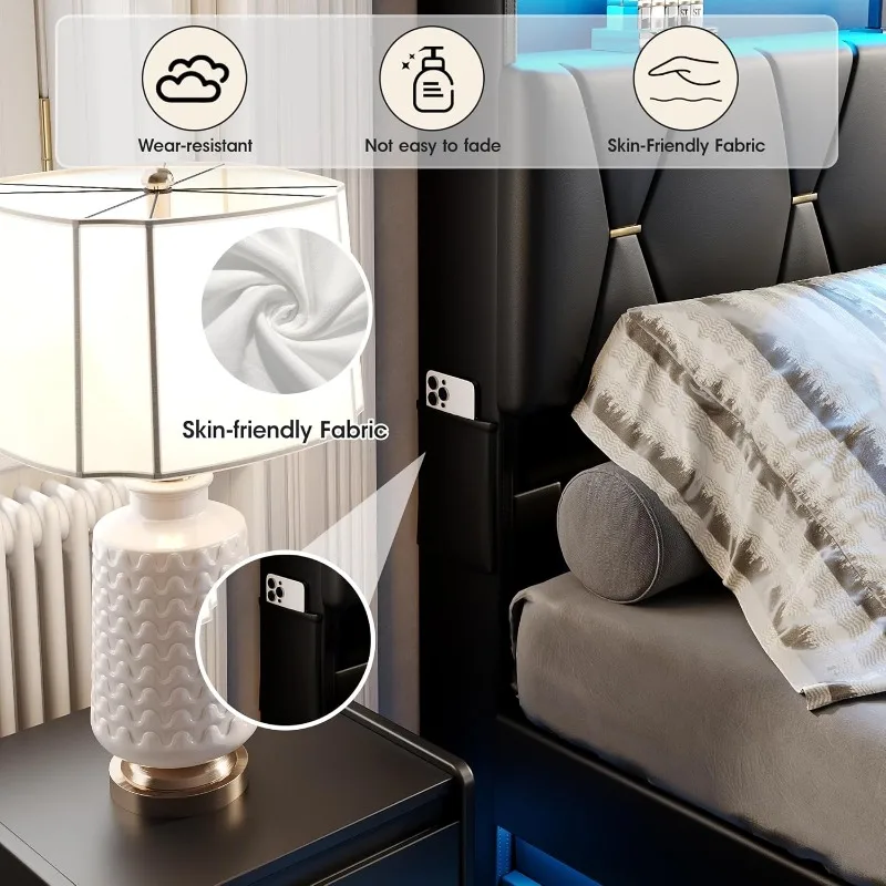 l Estrutura de cama de armazenamento queen size, cabeceira de armazenamento com estação de carregamento, cama de plataforma estofada com luzes LED, sem B