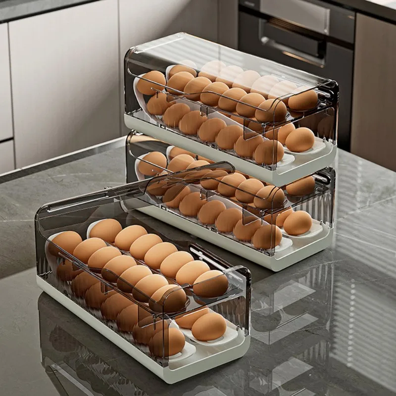 TAIGH-Automatic Roll-Out Device For Refrigerator Side Door Slide-Type Egg Box Kitchen Table Anti-Drop Egg Storage Box Fresh Stor