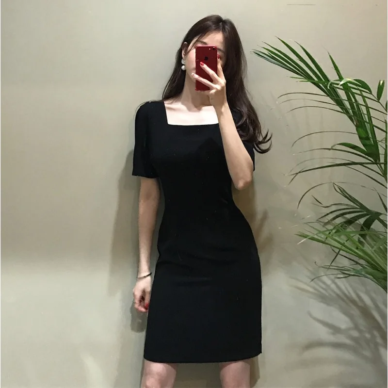 

Large Size Fat Girl Vintage Dresses Square Collar Elastic Cotton Black Straight Dress Women 2021 Elegant Slim Waist Party Dress