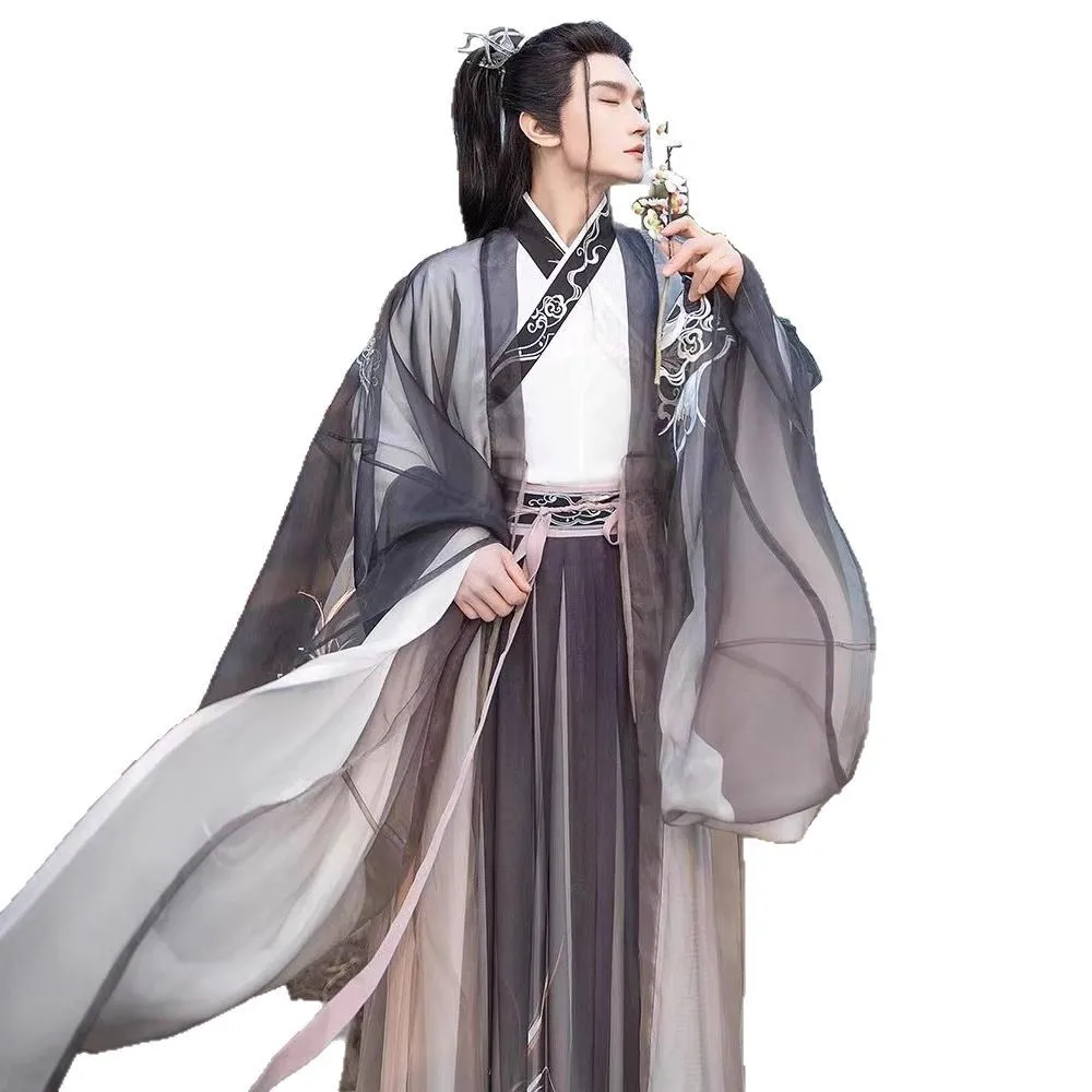 هان الملابس الصينية للرجال Chivalrous نمط زي مطرز قميص كبير الأكمام الخصر وفستان وي صيف جديد