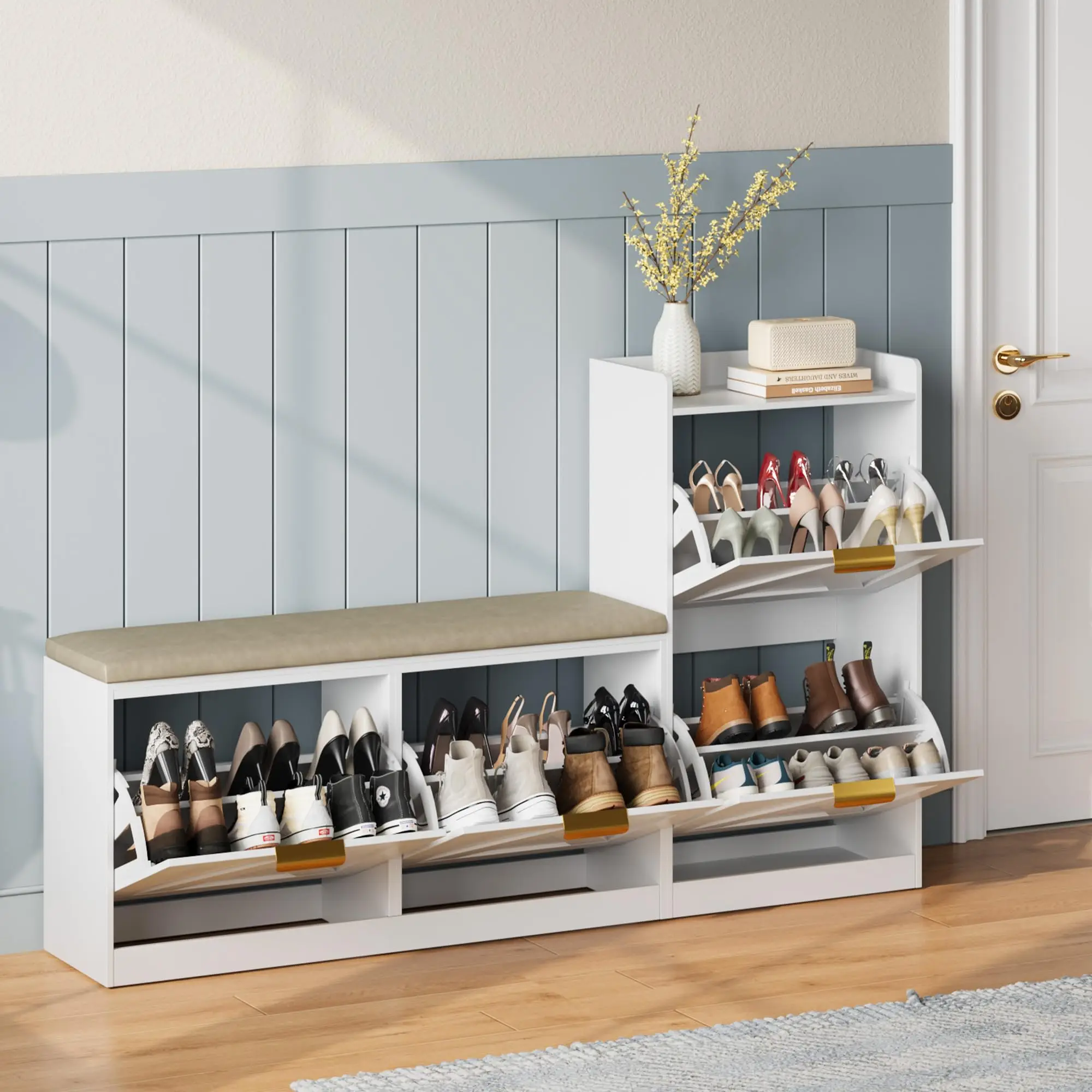 Shoe Cabinet with Bench, Farmhouse Shoe Organizer Cabinet with 4 Flip Drawers & Top Open Shelf, Wooden Storage Bench for Entryway, Living Room, Hallway, Rustic Brown