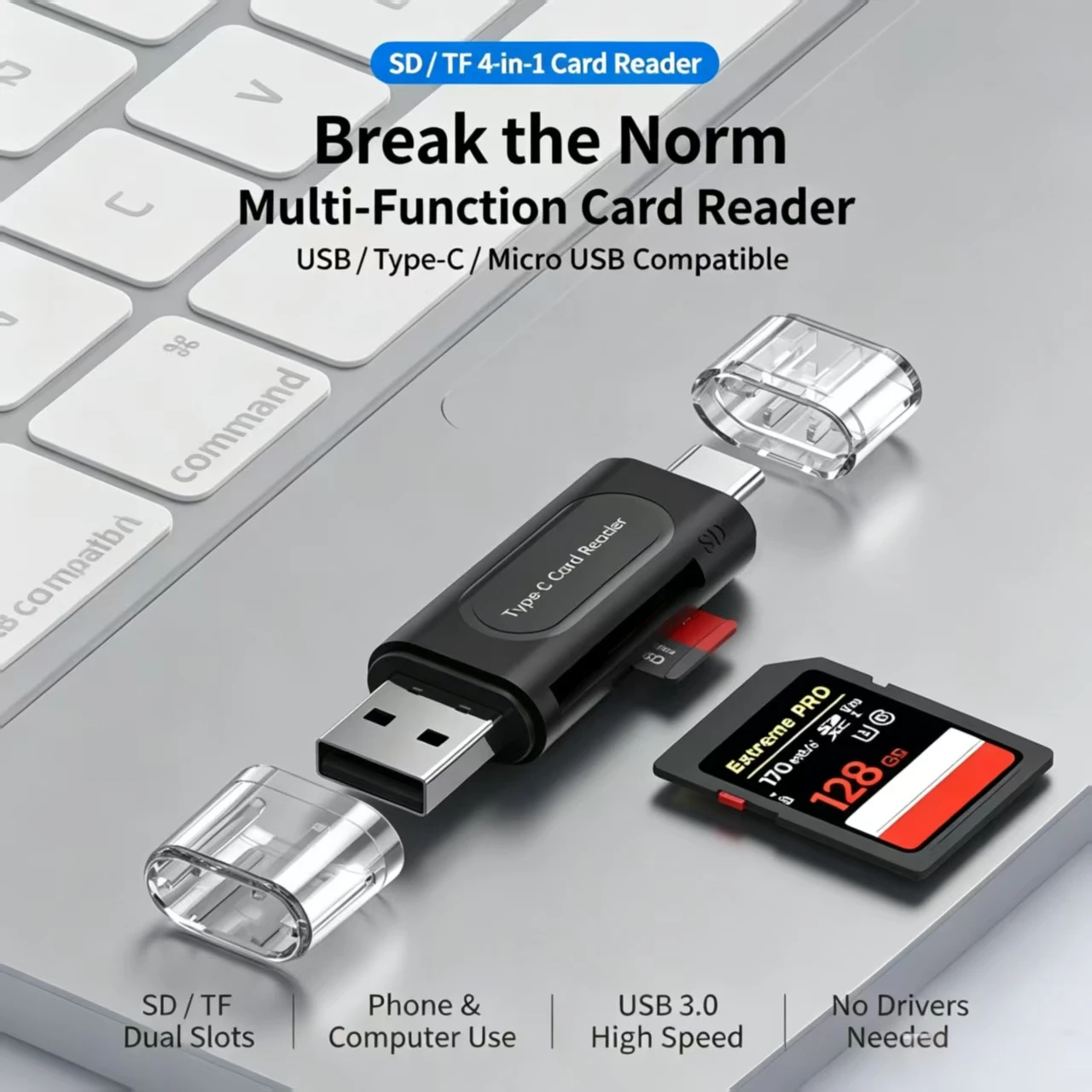 USB‑A & Type‑C Dual‑Port Card Reader, Support SD TF Memory Card, Plug‑and‑Play OTG Memory Card Adapter for Phone Laptop