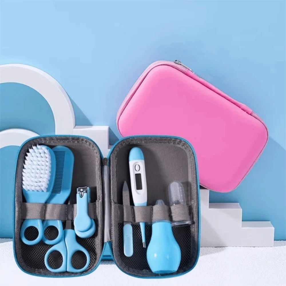 

8pcs EVA Bag Baby Health Care Kit Material Safety Soft Bristle Brush Newborn Grooming Kit Nail Clippers Comb Thermometer