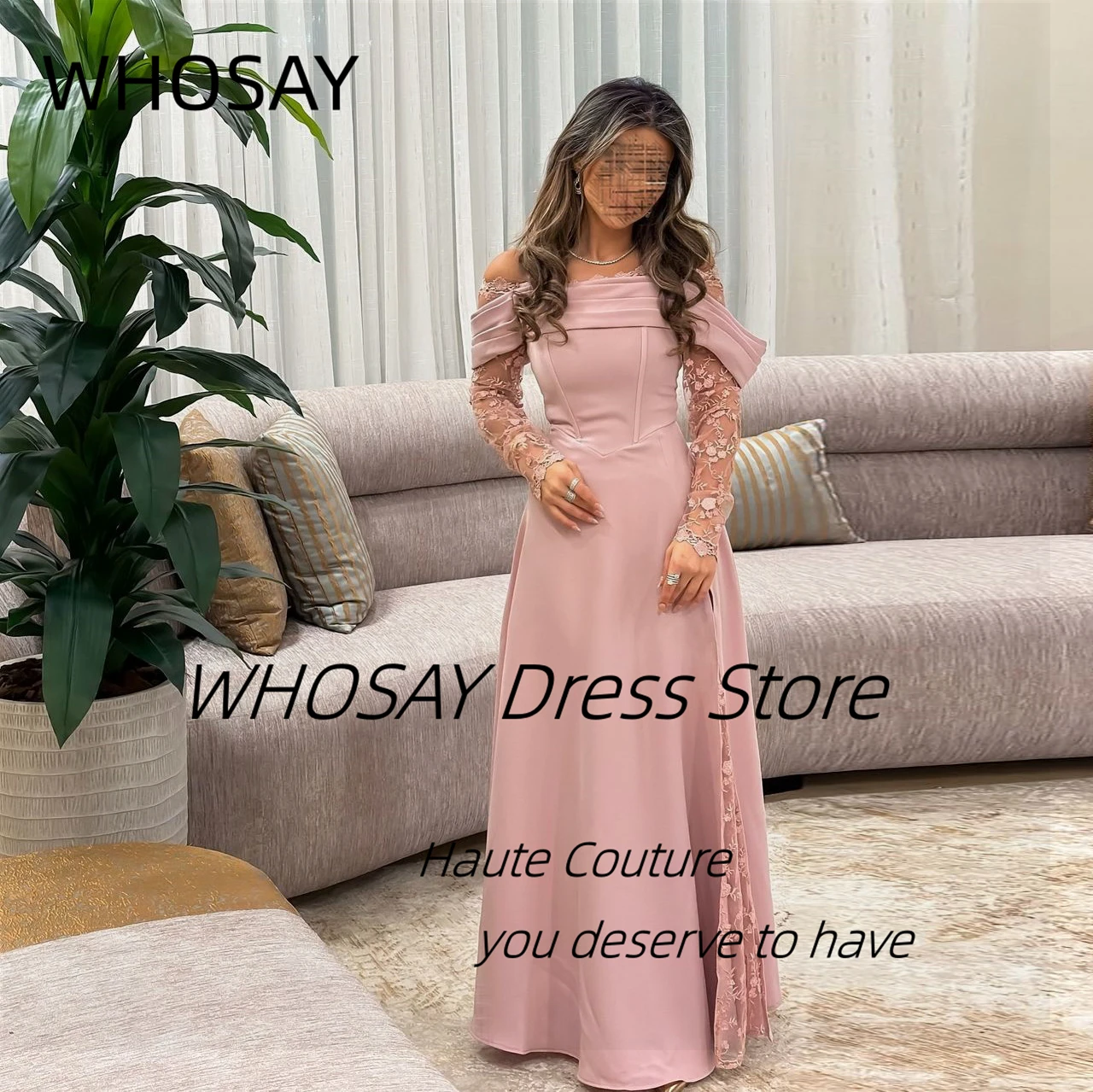 WHOSAY Saudi Arabia Women Boat Neck Evening Dresses Lace Long Sleeves Prom Dress Floor Length Wedding Guests Wear Special Gowns