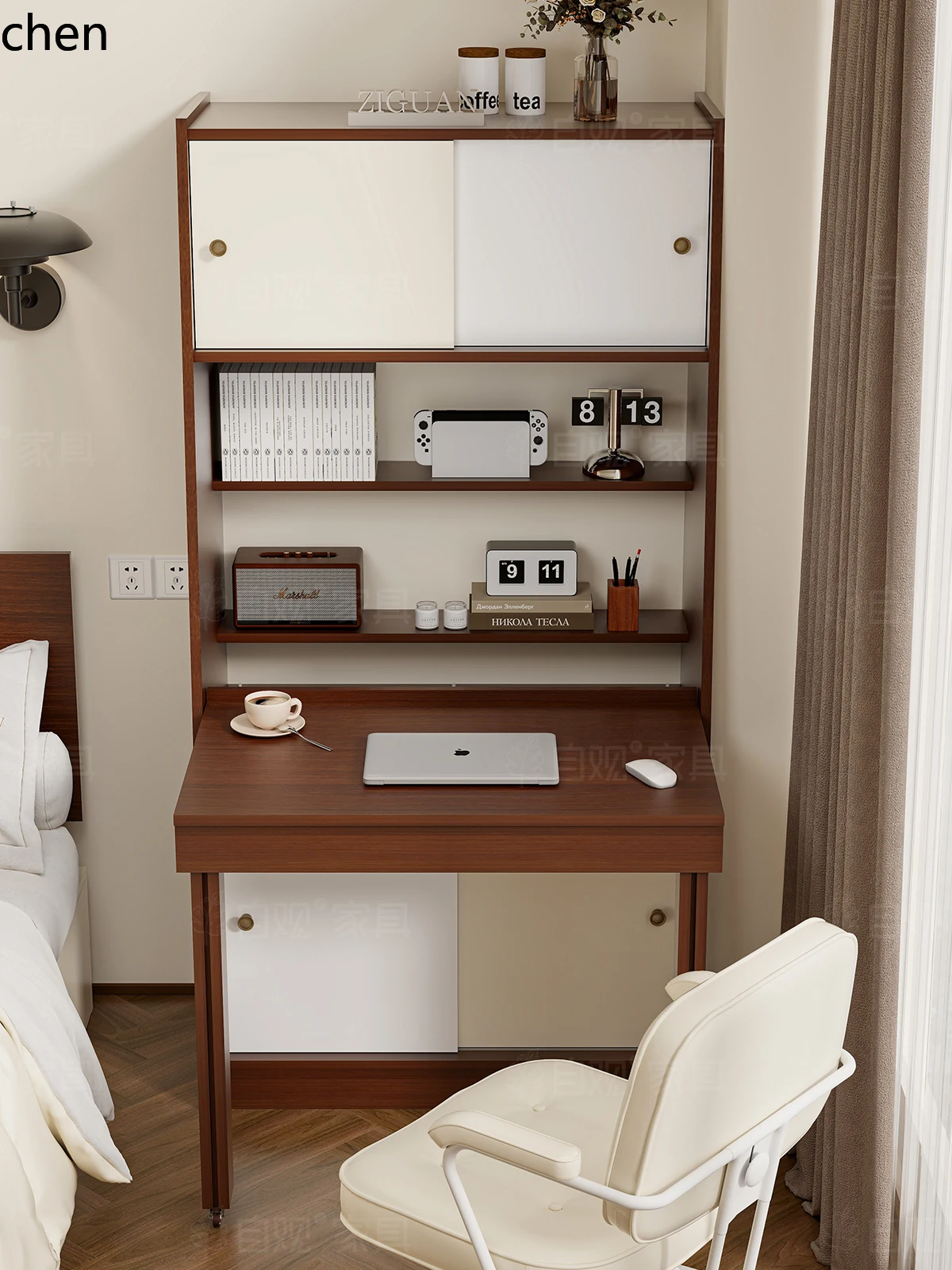 HT Retro Computer Desk Bookshelf Combination Sliding Door Storage Cabinet Vintage Extendable Desk with Bookshelf