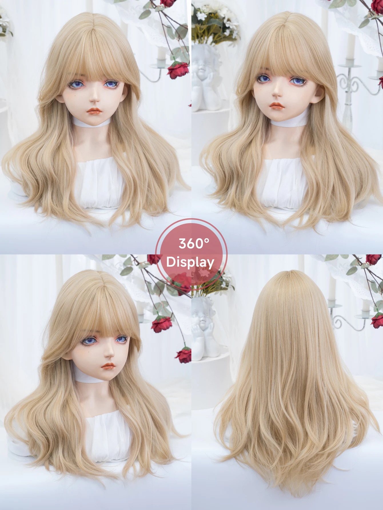 24 بوصة الحلو نمط شقراء بيروكات صناعية مع الانفجارات متوسطة شعر مستعار طبيعي متموج للنساء الاستخدام اليومي تأثيري مقاومة للحرارة