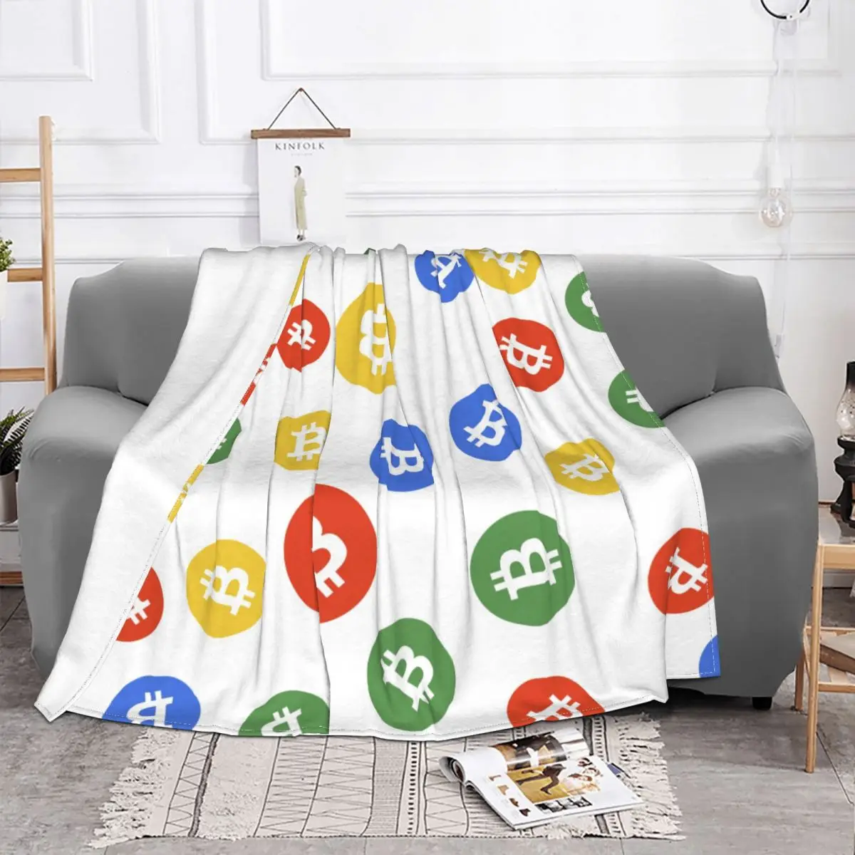 

Bitcoin Colorful Money Blanket Flannel Spring/Autumn Cryptocurrency Portable Lightweight Throw Blanket for Bedding Travel Quilt