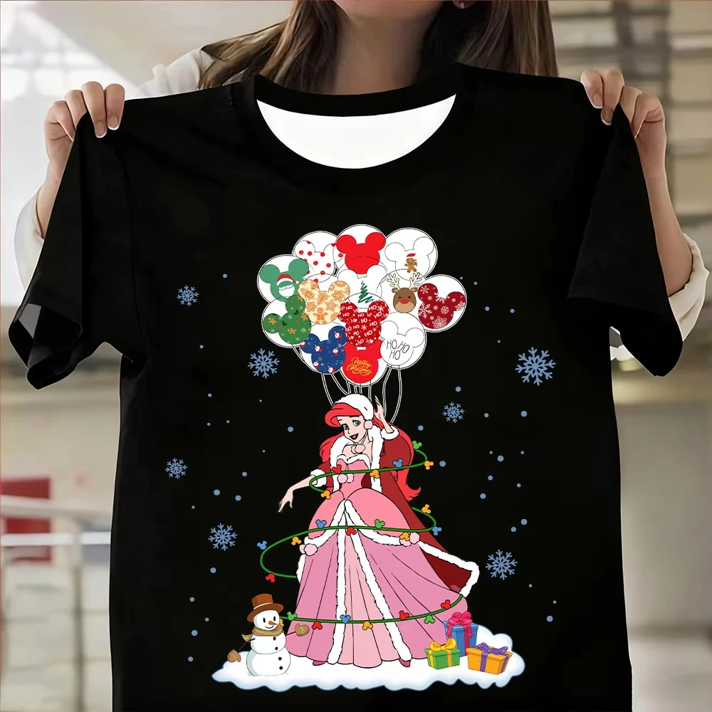 Camiseta con estampado navideño de princesa de Disney para mujer, camiseta transpirable de talla grande, ropa deportiva de manga corta estilo Y2k a la moda