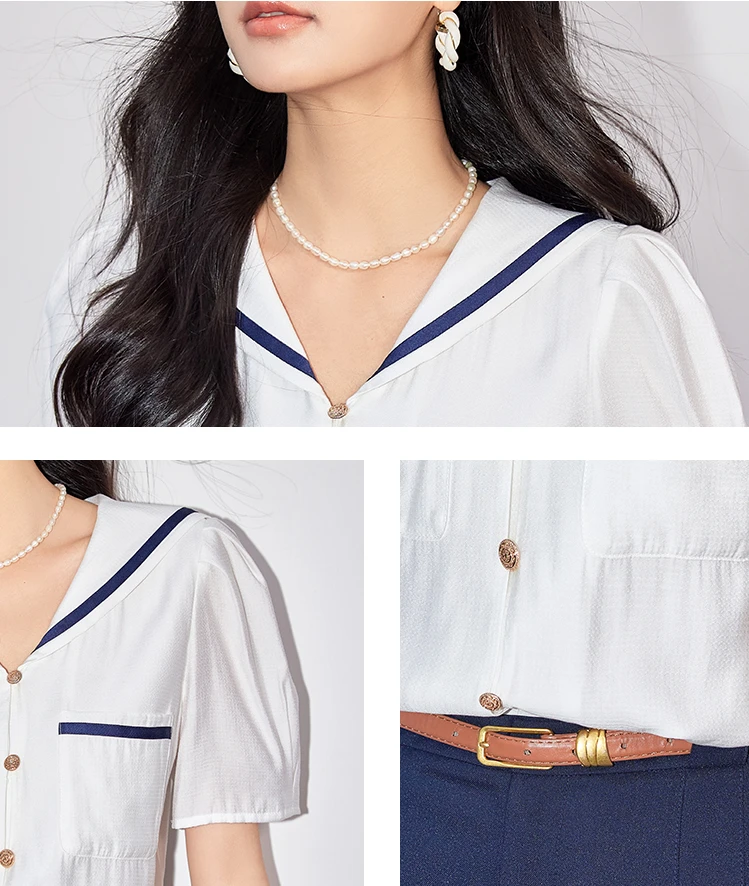 French Sailor Collar Chiffon Shirt for Women 2024 Summer New Korean Fashion White Short Sleeve Blouse Tops Mujer Camisa Feminina