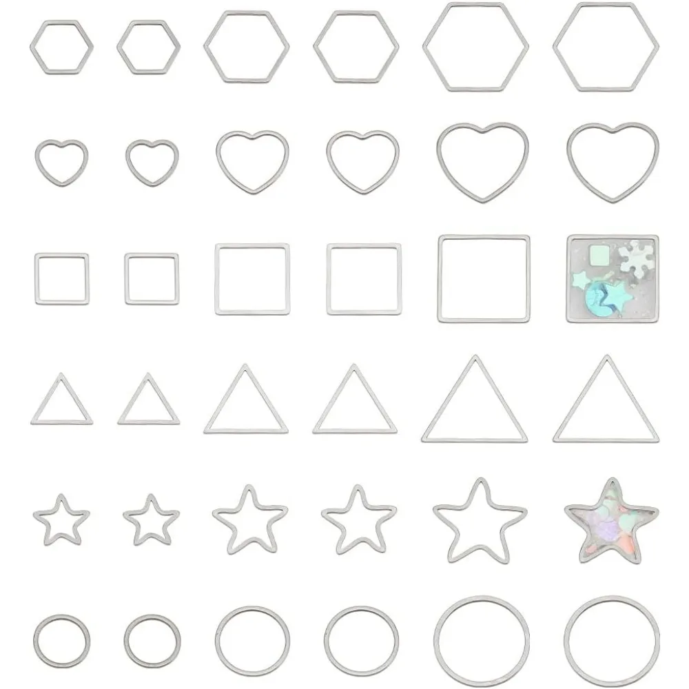 72 pcs 6 Shapes 3 Sizes 304 Stainless Steel Hollow Pendant Charms, Heart/Round/Star/Circle/Triangle Metal Frame Open Bezel