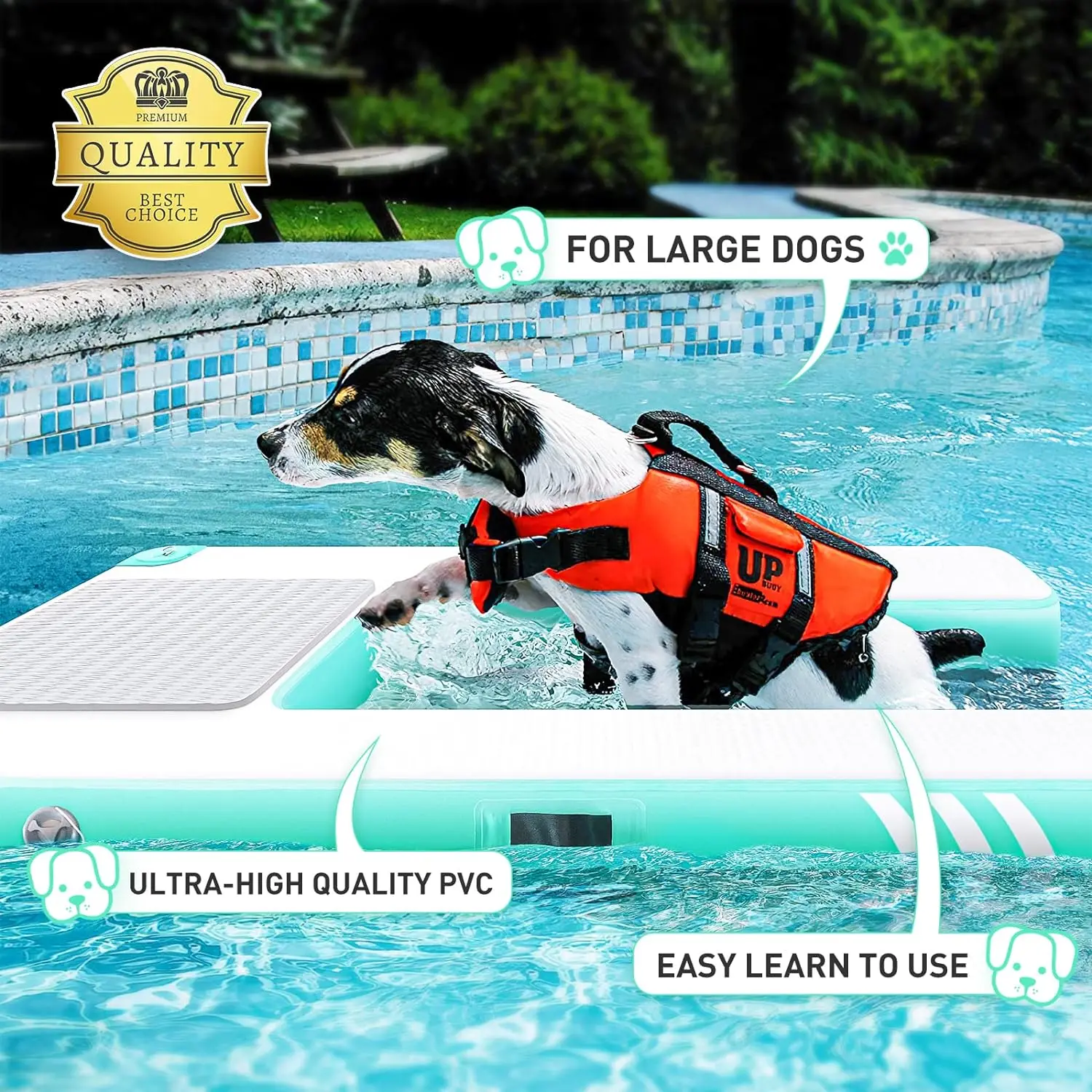 大型犬用インフレータブルウォーターランプフロート、安全で簡単、最大210ポンドの犬をサポート、プール、ドック、湖に最適