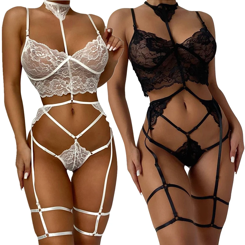 Erotic Lace Babydoll Sensual Lingerie Lace Bra Set For Women Underwear Intimate Sexi Costumes Bra And Panty Garters Set