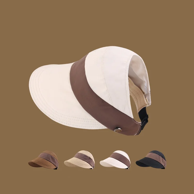 

Women Empty Top Beach Hat Foldable Wide Brim Ponytail Sun Hat Drawstring Adjustable Caps Summer Quick-dry Visor Fisherman Cap