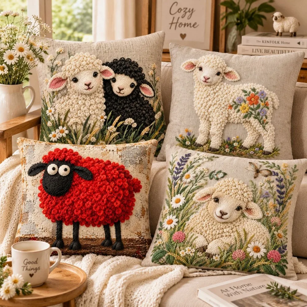 Christmas Pillowcase Imitation Embroidery Cute Sheep Hug Pillowcase Linen Sofa Pillow Pillow for Sofa Decoration