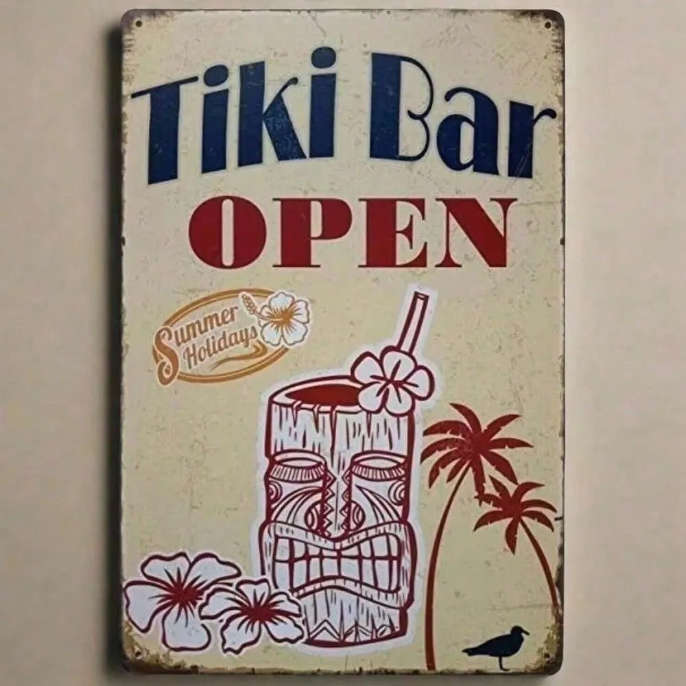Tiki Bar Open Aluminum Metal Sign Tropical Themed Wall Art Decor For Pool Patio Boat Home Kitchen Bathroom Indoor Outdoor Dec
