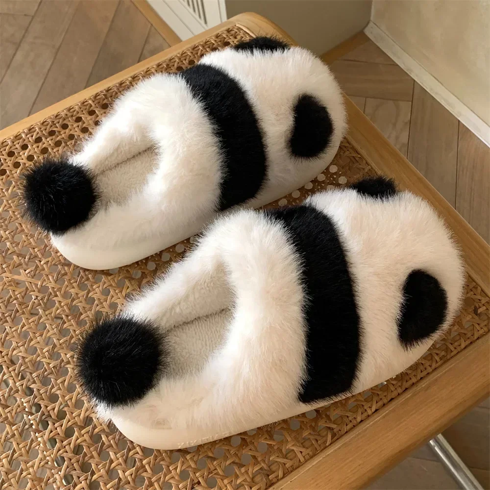 Pantuflas de Panda de Interior para mujer, zapatos planos y peludos de algodón con dibujos animados, cálidos, antideslizantes, Invierno