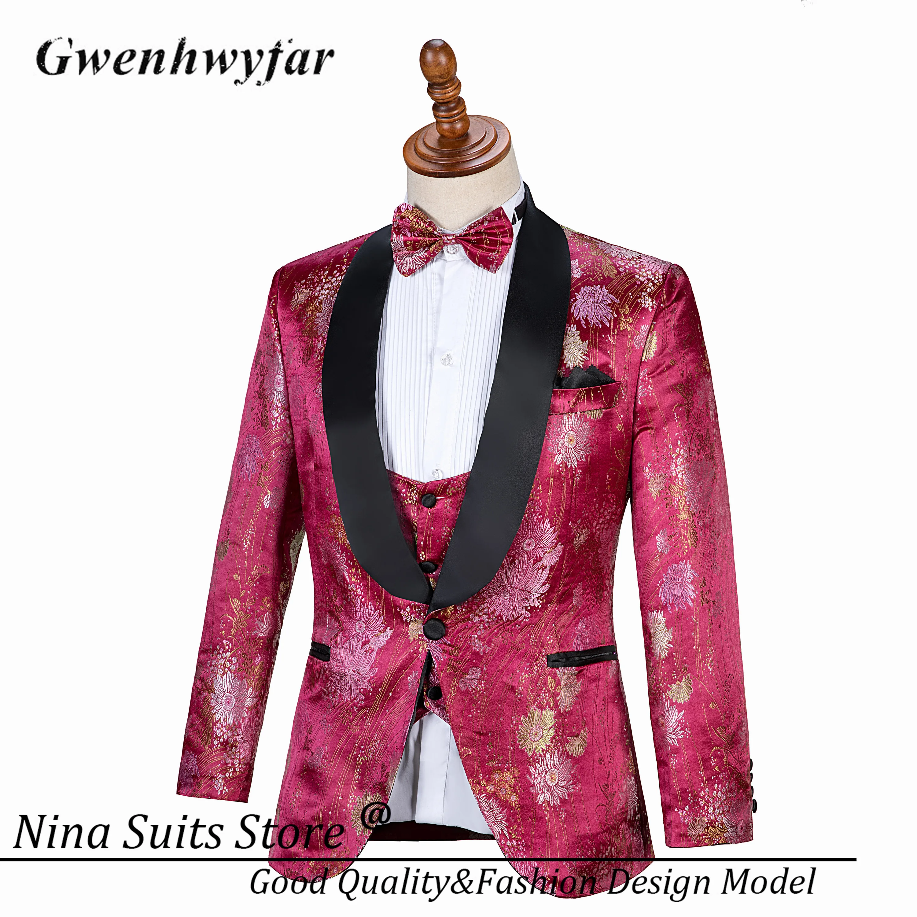 Nina Store Shawl Black Lapel Wine Red Men's Tuxedos 2025 Actinia Pattern Men's Party Costume Homme Fashion Wedding Men Suits Set