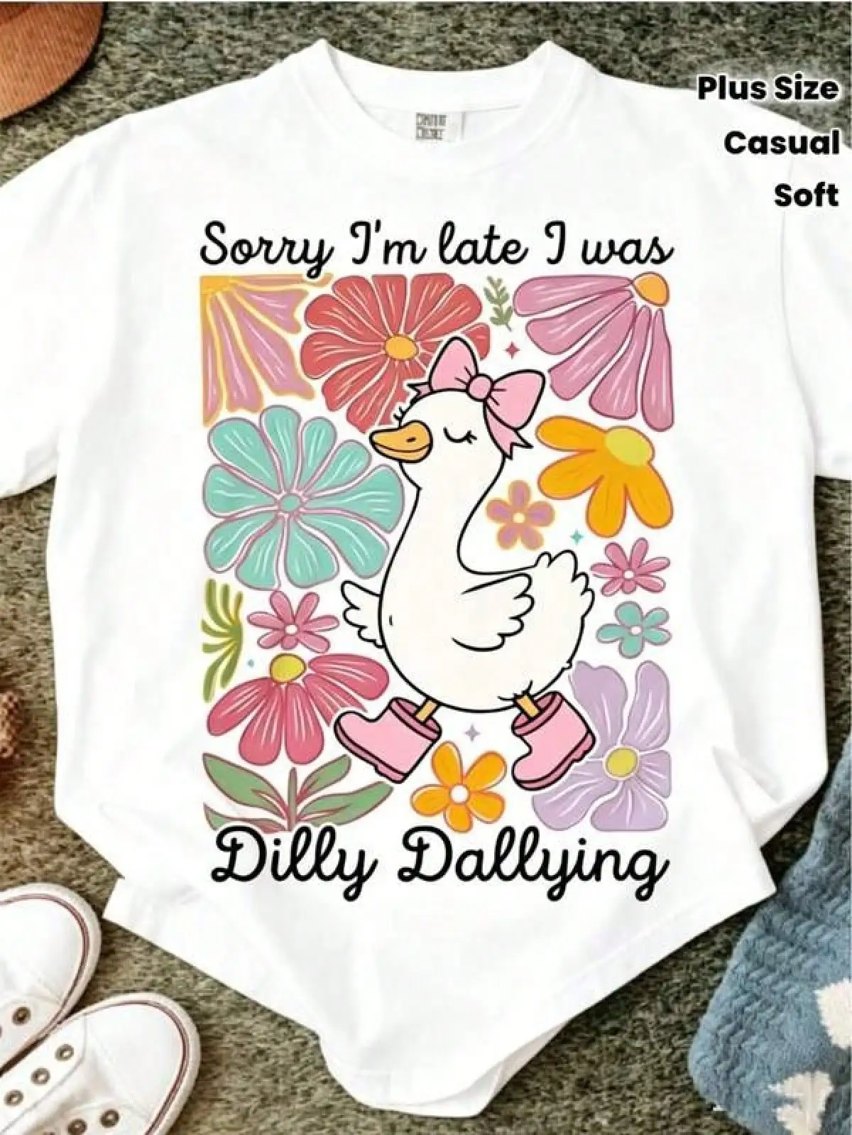 T Shirt Print ,Graphic-Cotton Tees Size Plus,Plus Size - Plus Size - Women'S Humorous Late Arrival Chicken And Floral Graphic Tee - Soft Short Sleeve Round Neck Top Featuring A 'Dilly Dallying' Slogan