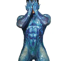 Blue  Rhinestones Jumpsuit Strech Men Dance Dancer Singer Costume Evening Birthday Show Leggings Outfit Juren