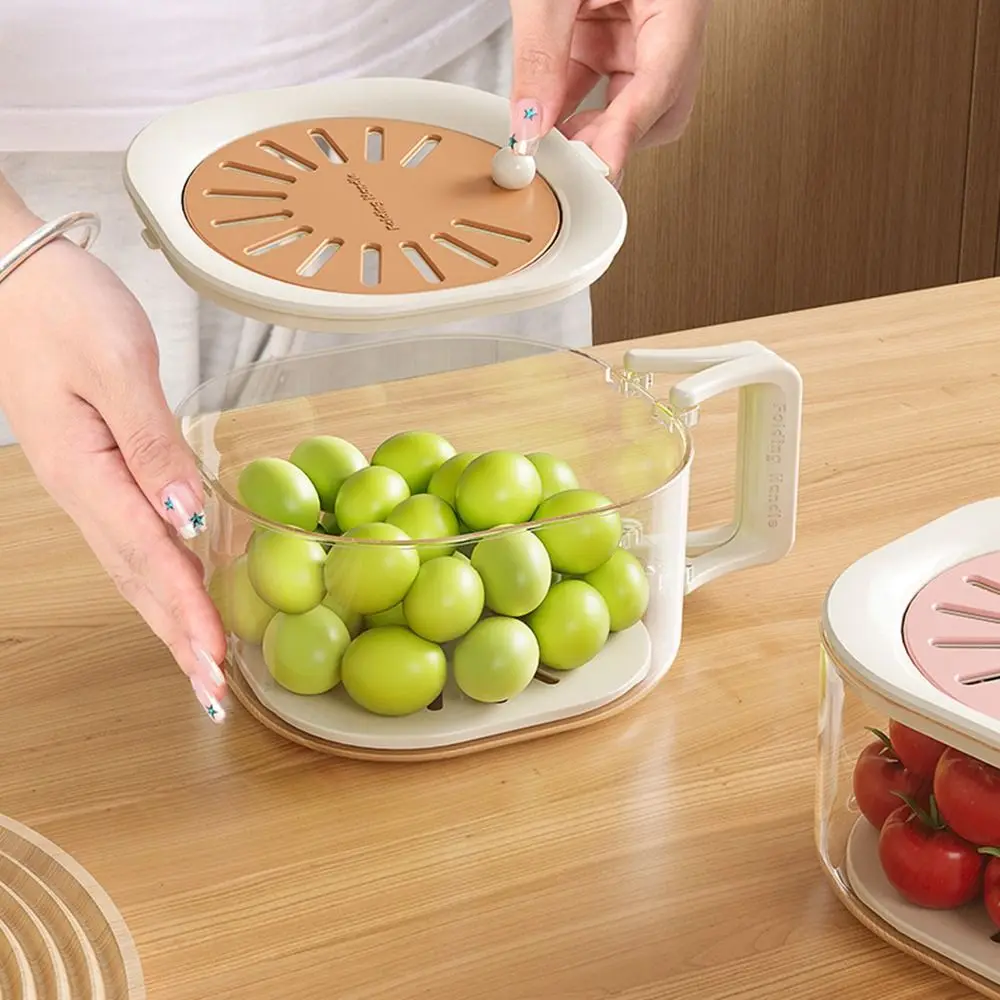 Foldable Handle Vegetable Drain Basket Cute Plastic Fruit Cleaning Bowl Splashproof with Lid Food Storage Container Home