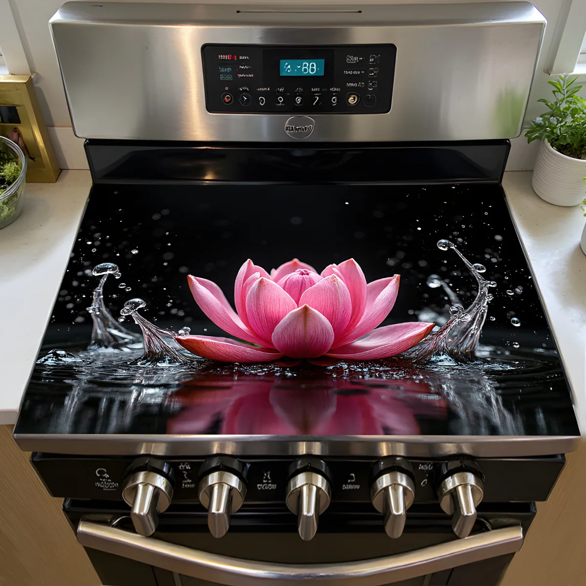 Water Splash Lotus Stove Top Cover, Heat Resistant Non-Slip Mat, Washable Kitchen Stove Decor for Electric & Gas Ranges